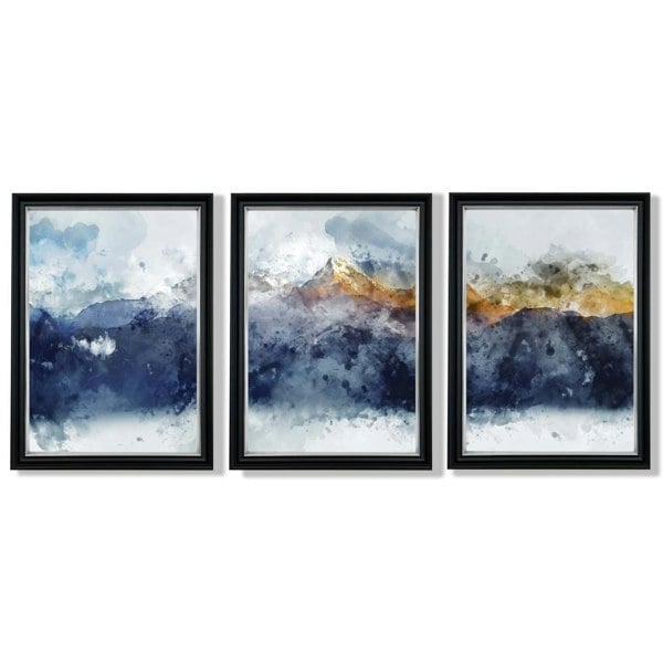 Artze Wall Art Framed Set of 3 Blue Yellow Mountain Art Prints