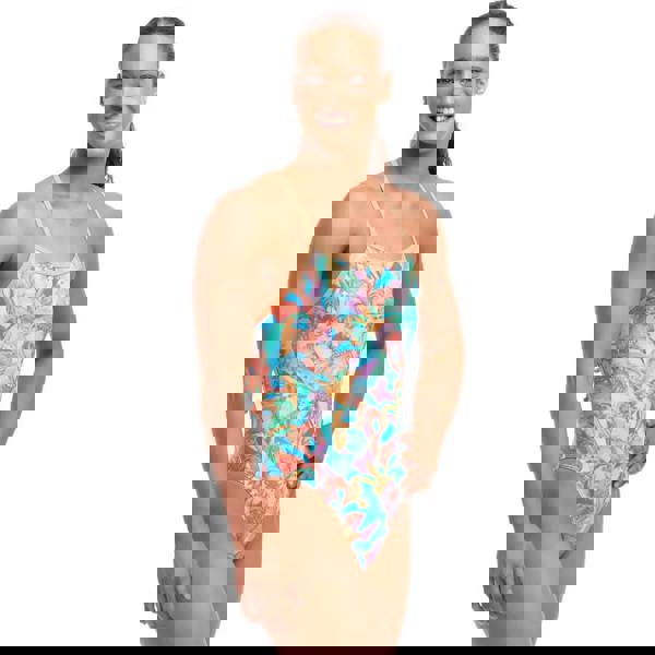 Funkita Birdsville Tie pink/blue swimsuit with multicolored fish print