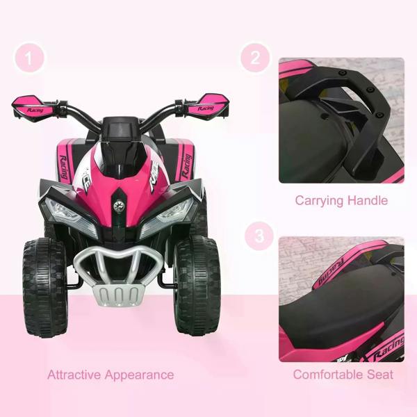 Pink ride-on motorcycle toy front view with carrying handle and comfortable seat