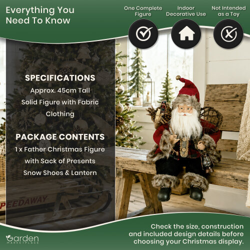 45cm Sitting Father Christmas Figure with Presents Sack, Snowshoes & Lantern, Rustic Fabric Santa Decoration for Mantels & Shelves