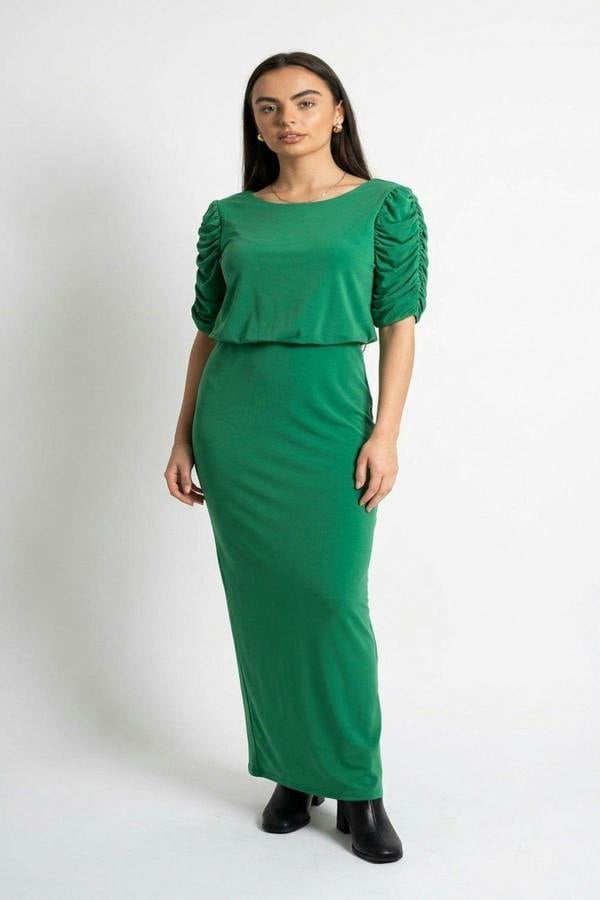 Elvira Ruched Short Sleeve Maxi Dress With Draped Bodice - Green