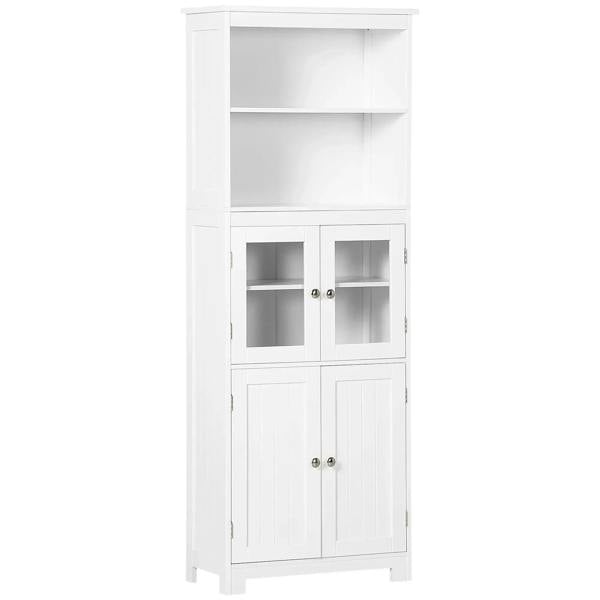 White freestanding cupboard with two glass doors on top and paneled doors on bottom