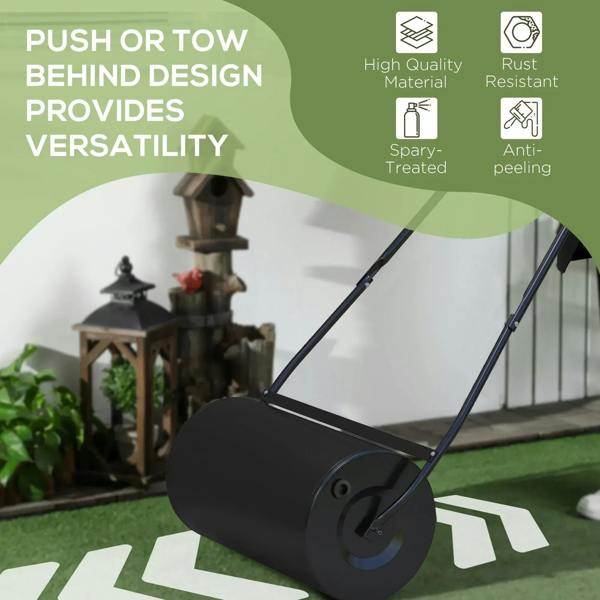 Black push or tow lawn roller with blue frame and wide drum
