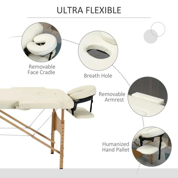 Cream massage table with removable face cradle, breath hole, and removable armrest