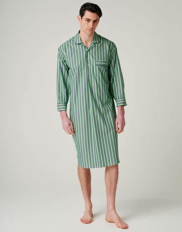 British Boxers Men's Crisp Cotton Nightshirt – Green Flash Stripe