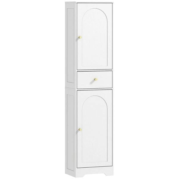White tall bathroom cabinet with two arched doors and a center drawer