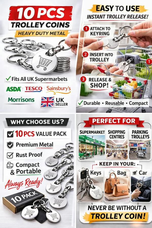 KAV 10 Pieces Trolley Coin Holder Stainless Steel Keyring Set For Both Men & Women - Arrange for Home and Office Keys - Shopping, Trolley Release Key