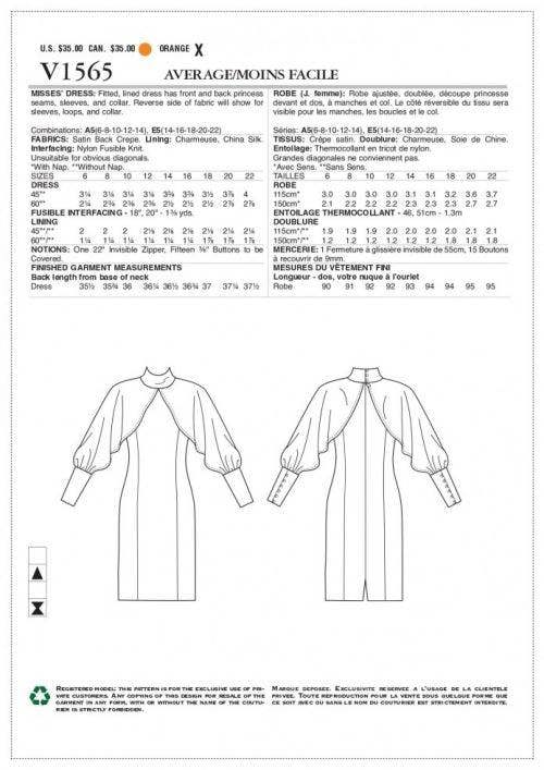 Vogue Sewing Pattern 1565, Dresses for Women, A5 (6-8-10-12-14) - Intermediate