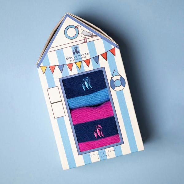 SWOLE PANDA 2-Pack Beach Hut Stripes Bamboo Socks Gift Box, Blue/Pink
