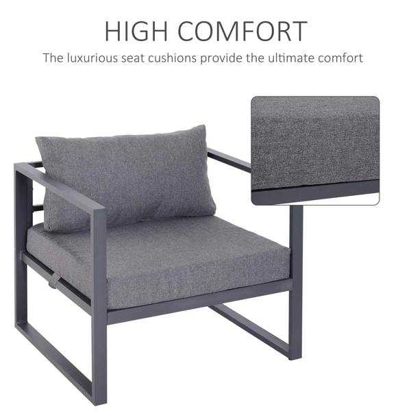 Grey padded outdoor armchair with thick seat cushion and matching back pillow