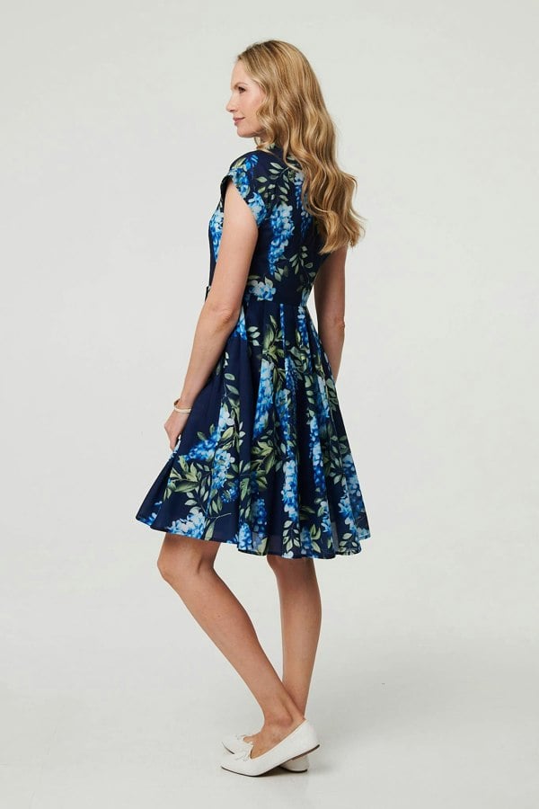 Blue | Floral Cap Sleeve Pleated Short Dress
