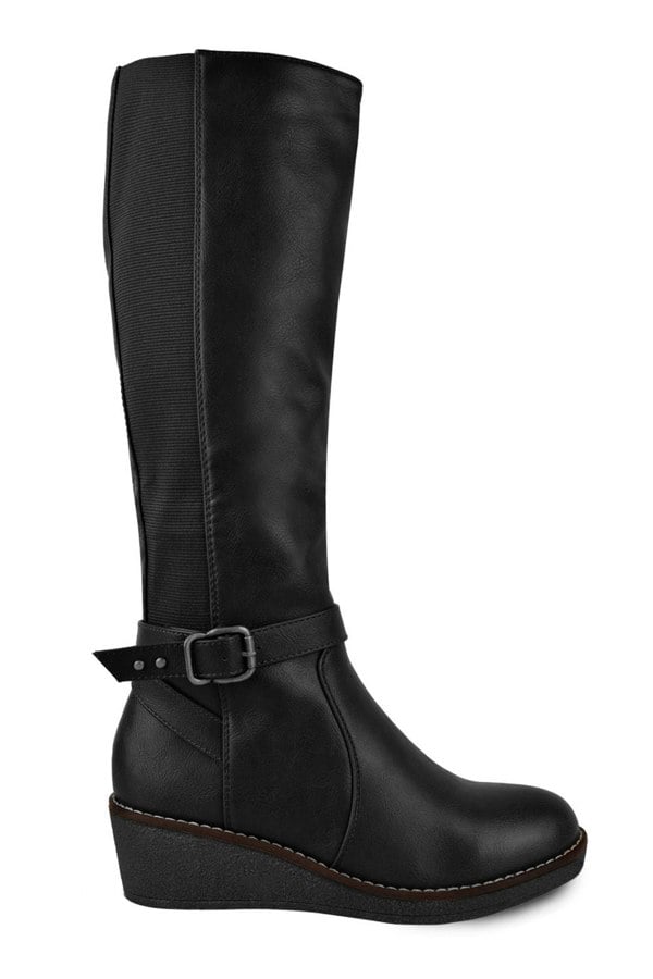 Where's That From Ayleen Wedge Heel Knee High Boots With Elastic Panel in Black Faux Leather