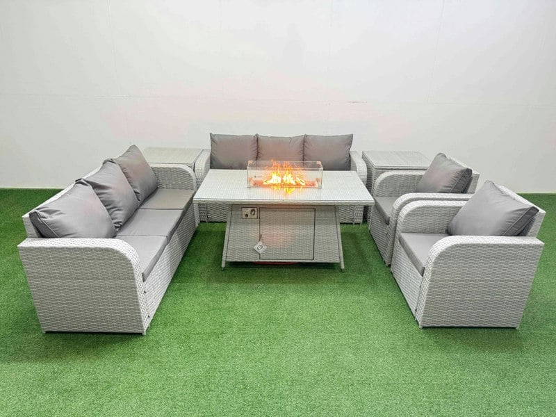Fimous PE Rattan High Back Lounge Sofa Set Patio Fire Pit Dining Table & Chairs Set with 3 Seater Sofa Reclining Chair 2 Side Table Light Grey