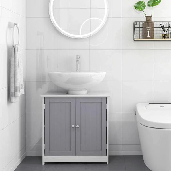 Freestanding bathroom under-sink cabinet with two grey doors and white base