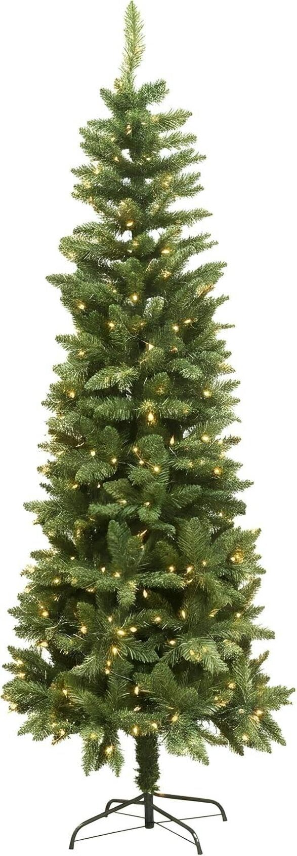 Shatchi 4ft to 7ft Slim Green Pre-Lit Pine Christmas Trees with Warm White LEDs and Metal Stand - PVC - Green
