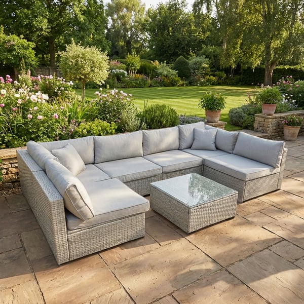 Furnishings For Less Rattan U Shaped Grey Sofa + Glass Coffee Table Outdoor Seating