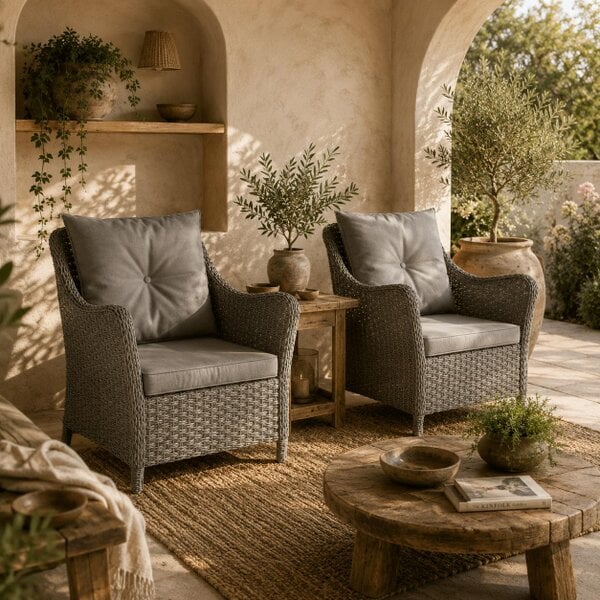 Wyld Haus Neluli Rattan Dark Grey Set Of 2 Outdoor Armchairs With Cushions Armrests And High Back
