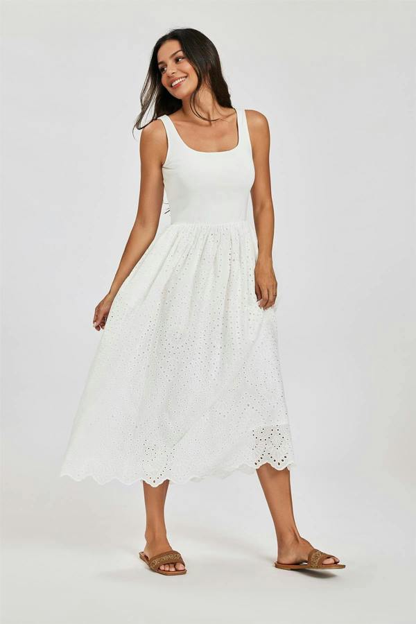 FS Collection Sleeveless Jersey Top Broderie Midi Dress In White