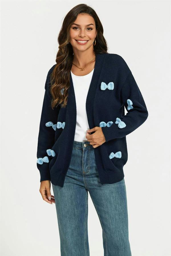 FS Collection Light Blue 3D Bow Cardigan In Navy