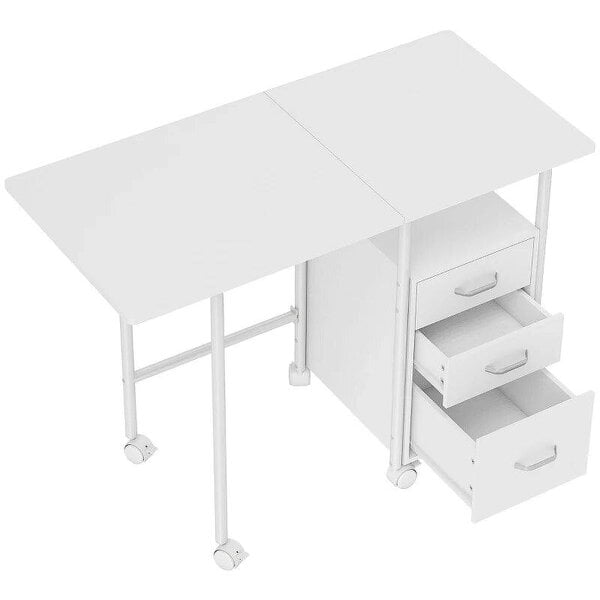 105 x 51 cm Foldable Office Deskwith 3 Drawers, Extendable Top, Wheels, White