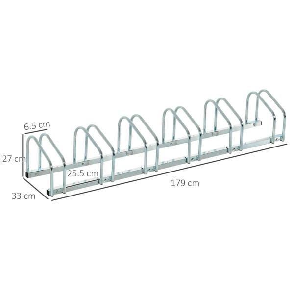 Silver bike parking rack with six U-shaped stands; labeled size 179 x 33 x 27 cm