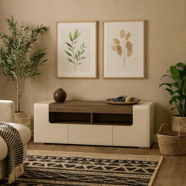 Wyld Haus Porto 140cm Gloss White TV Cabinet with Oak Detail 2 Doors and 1 Drawer