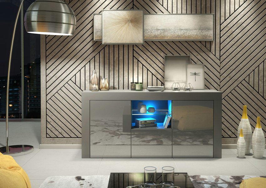 Mex Furniture Modern 145cm TV Unit, Cabinet Stand & Sideboard with Grey Gloss Doors & Free LED