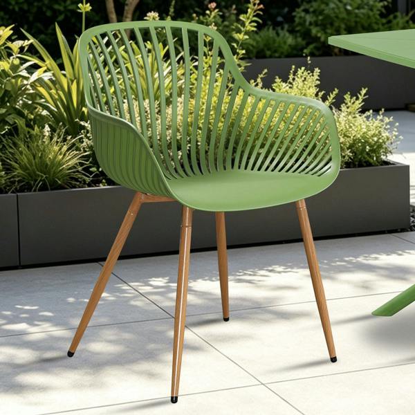Core Products Pair Of Sunray Bistro Garden Arm Chairs, Moss Green With Wood Effect Legs