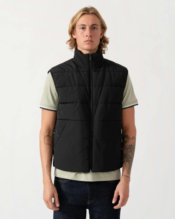 Front of the gilet in the BOSS Orange Ojens 3-in-1 Bomber Jacket - Black 001