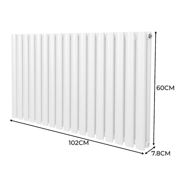 White oval column radiator measuring 600mm x 1020mm, featuring a sleek, modern design with vertical fins for efficient heating