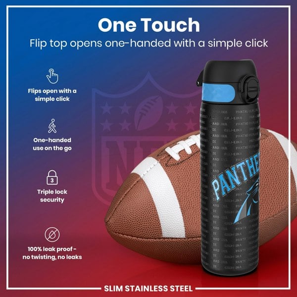 A water bottle rests against a football. Its flip top opens one-handed. The bottle is slim, stainless steel, and leakproof; it features Carolina Panthers branding.