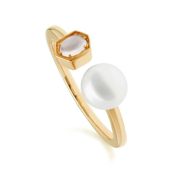 270R059002925 Modern Pearl & Moonstone Open Ring in Gold Plated Silver 1