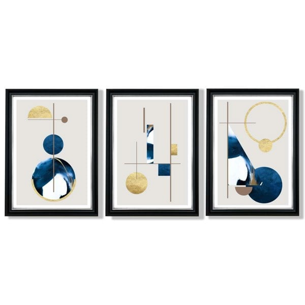 Artze Wall Art Abstract Set of 3 Textured Geometric Framed Prints in Navy Blue and Gold