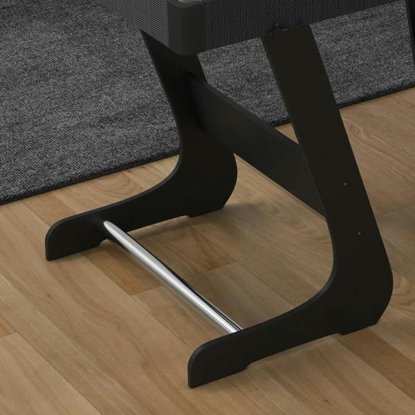 Black U-shaped base frame of the grey folding pool table with silver leg supports.