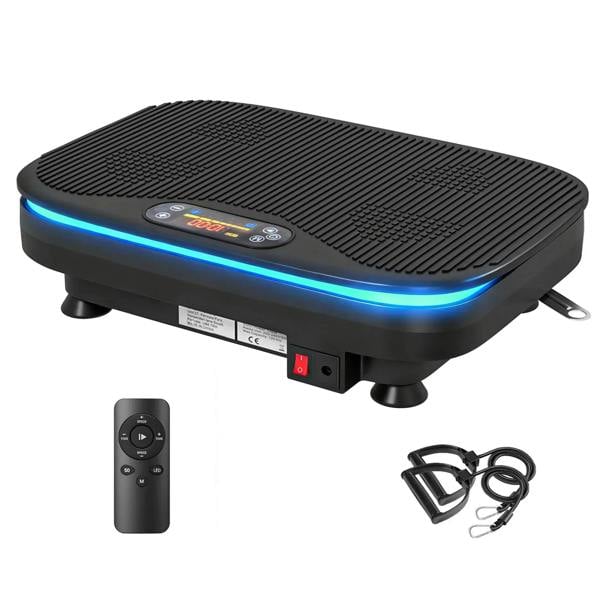 Black vibration plate exercise machine with blue LED light strip, remote control and power cord