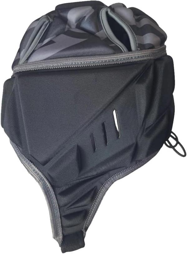 Black Optimum rugby headguard side view showing padded ear panel with vent slot and grey trim, on white - Optimum