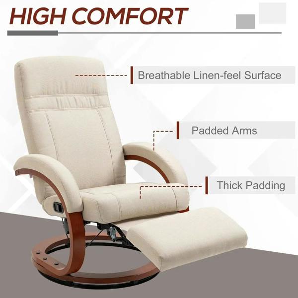 Beige recliner swivel chair with thick padding, cushioned arms, and extended footrest