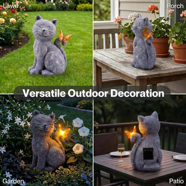 Emitto Cat Garden Ornaments Outdoor Resin Gray Orange Solar LED Decor