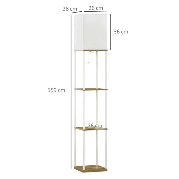 White tall floor lamp with fabric shade and three wood shelves, front view