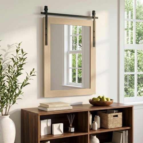 HOMCOM Farmhouse Rectangle Mirror, 86.5 x 61 cm, White Oak
