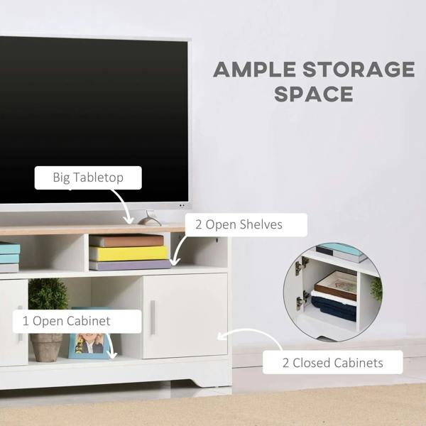 White TV stand cabinet showing open shelves and closed cabinet storage layout
