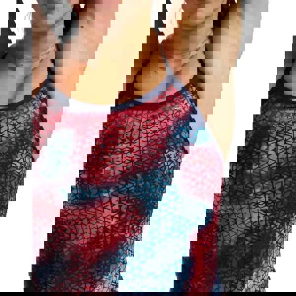 Red and blue StarHex Durafast Elite Diamondfit sports bra with mesh