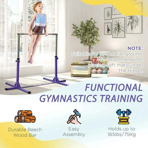 Purple kids gymnastics training bar with child using it and feature icons