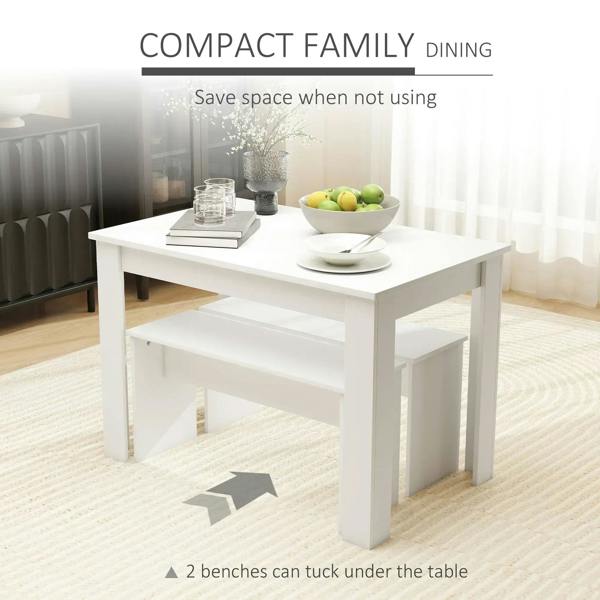 White compact dining table with two benches, smooth tabletop and sturdy straight legs