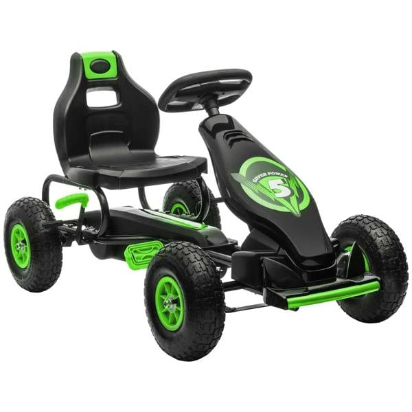Kids pedal go-kart in black with green accents, large inflatable tires and steering wheel.