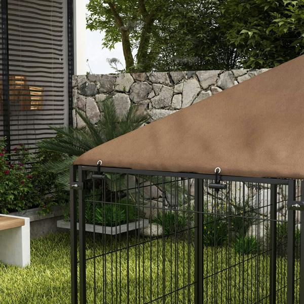 Outdoor dog kennel playpen with brown canopy and black wire panels, side angle