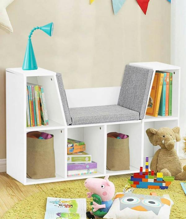 ADOV Kids Bookcase Storage Shelf with Cushioned Reading Nook, 6-Cube Bookshelf Organiser for Books and Toys