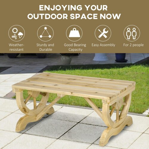 Wyld Haus Bave Pana Wood Natural Rustic 2 Seater Garden Bench With Wagon Wheel Legs And Slatted Seat