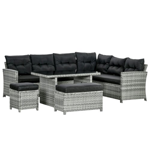 Wyld Haus Sakale Grey Rattan 9 Seater Garden Furniture Set With Corner Sofa Footstools And Glass Table