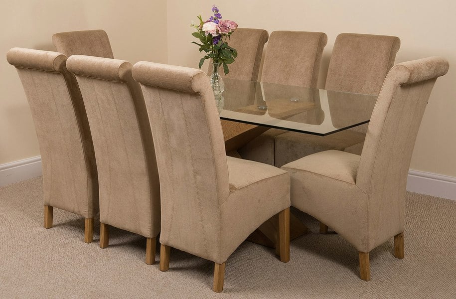 That's Furniture Valencia Oak Large Glass Dining Table & Montana Fabric Chairs